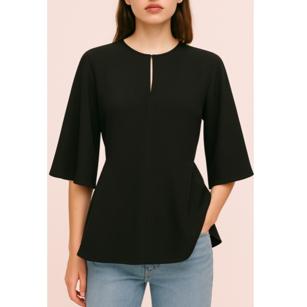 ZARA Women's Flowy Top Round Neck Blouse Back Key-Hole Black Small
